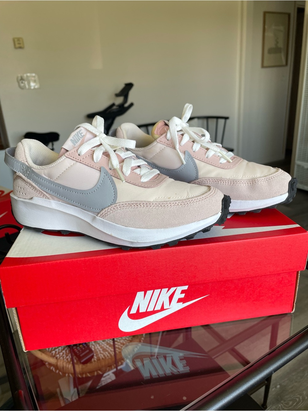 Nike Women's Pale Pink and Light Gray Retro-Style Sneaker